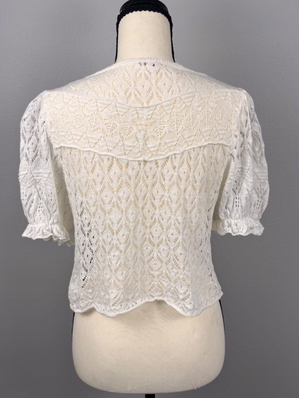 Free People Cream Lace Tie-Front Cardigan Puff Sleeve Boho Cottagecore Top M - Picture 2 of 10